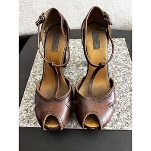 Prada size 37 6.5 Leather Studded T-Strap Platform Peep Toe Sandals Heels Italy